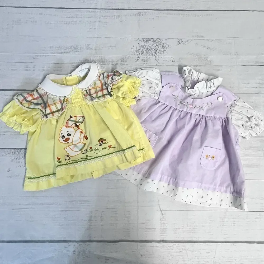 Vintage Set of 2 Cradle Togs Dress sz 9-12 Months Yellow Duck Purple Embroidery